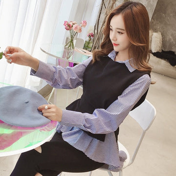 Yipinpay Patchwork Shirt Womens Tops Office Blouse Fake Collar ladies Blue Stripe Slim Casual Autumn Warm Shirts Long Sleeve 2PC